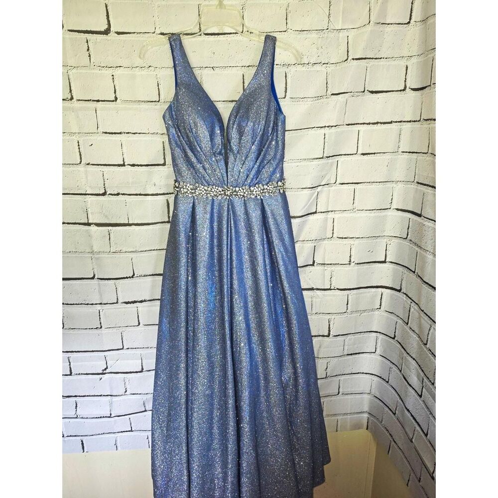 Arthur Blue Sleeveless V-Neck Glitter Bridesmaid Dress Rhinestone Waist Jr 4